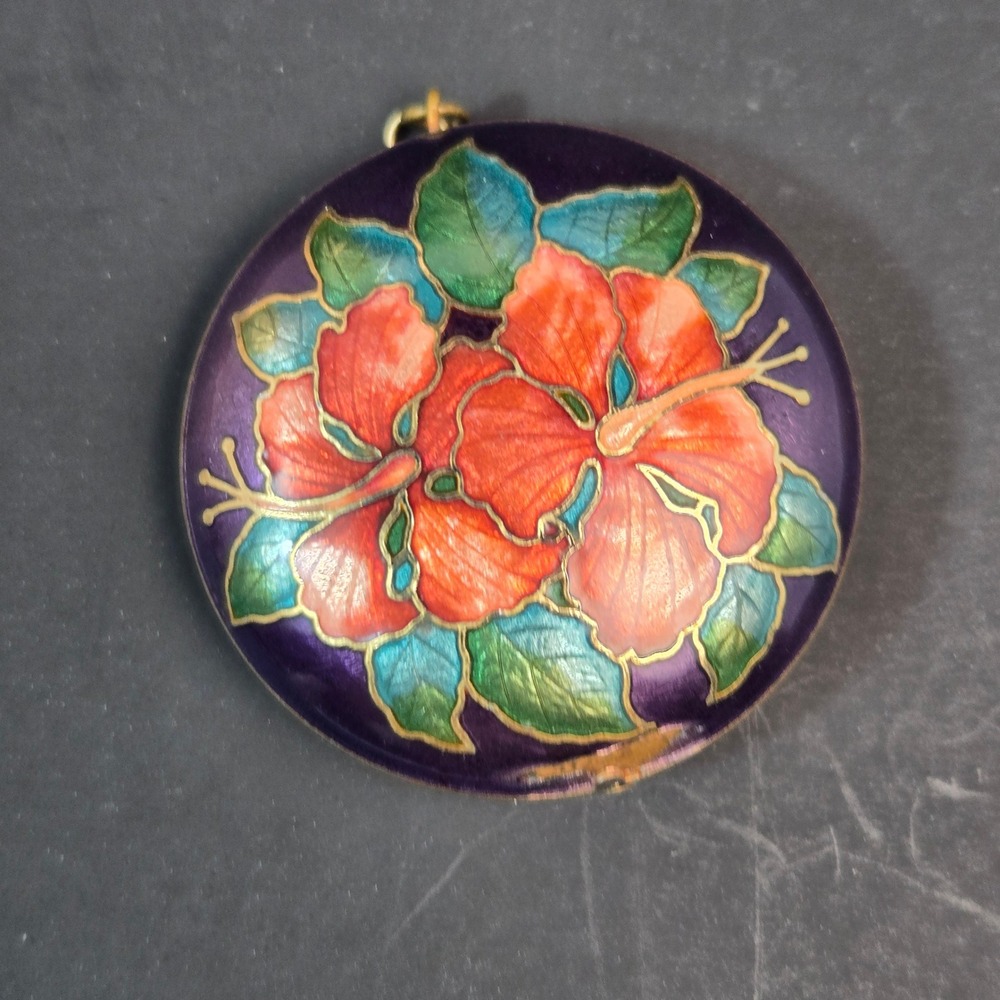 Vintage Cloisonne Enamel Hibiscus Flower Pendant Purple Orange Tropical Floral - Picture 4 of 8